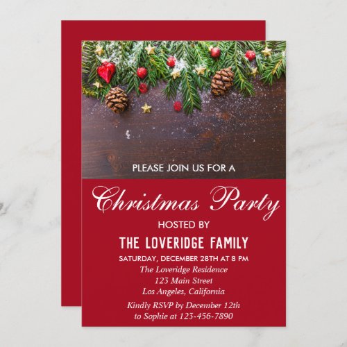 Rustic Festive Red Holiday Country Christmas Party Invitation