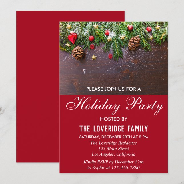 Rustic Festive Red Holiday Country Christmas Party Invitation (Front/Back)