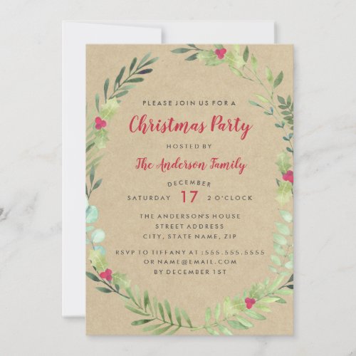 Rustic Festive Watercolor Wreath Christmas Party Invitation