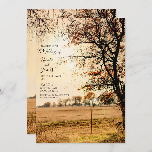Rustic Field Gold Autumn Evening Sunset Wedding  Invitation (Front/Back)