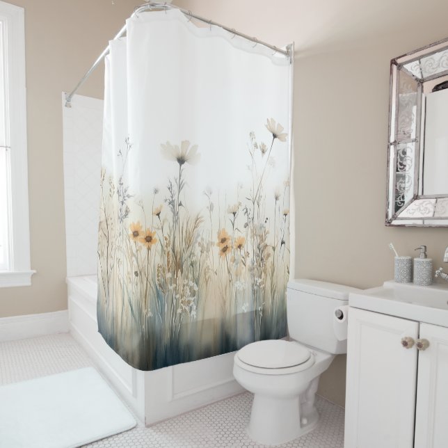 Rustic Field of Wildflowers Watercolor Shower Curtain (In Situ)