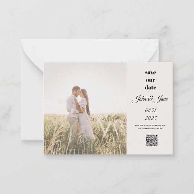 Rustic Field Photo Save the Date with QR Code Note Card (Front)
