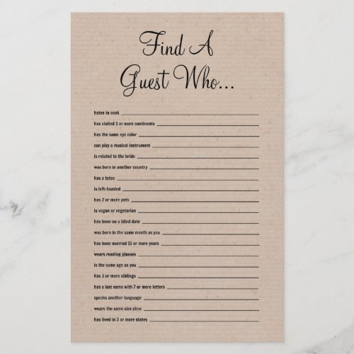 Rustic Find The Guest Bridal Shower Game