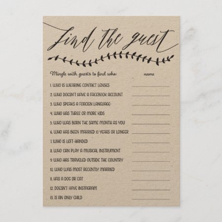 Rustic Find The Guest Bridal Shower Game Enclosure Card