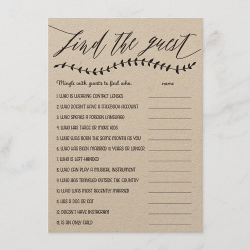 Rustic Find the Guest Bridal Shower Game Enclosure Card