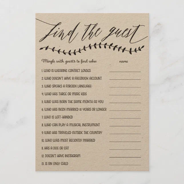 Rustic Find the Guest Bridal Shower Game Enclosure Card | Zazzle