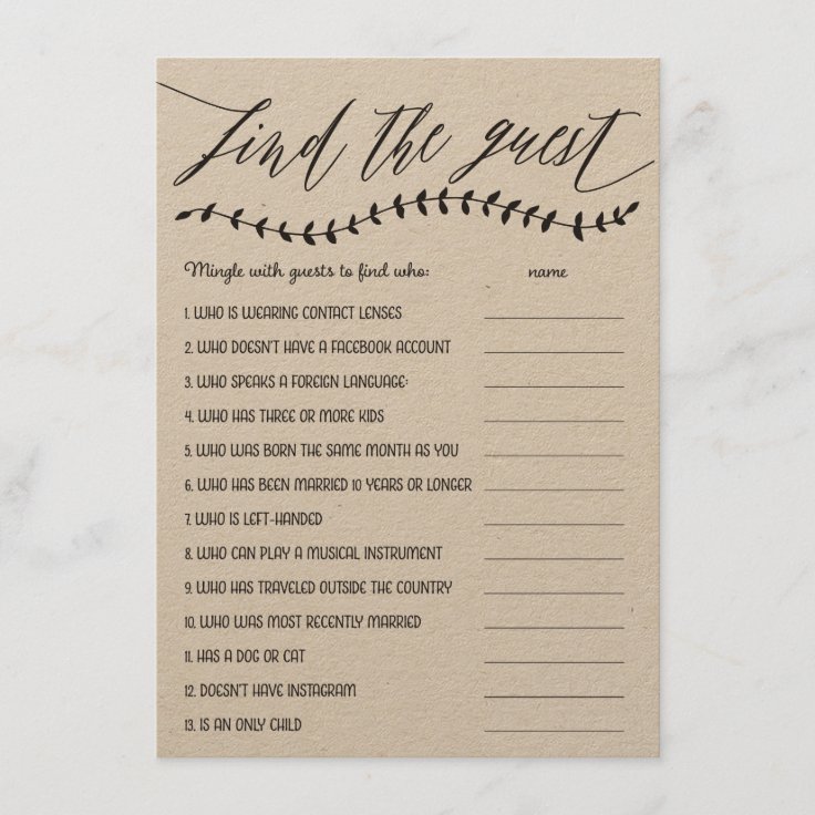 Rustic Find the Guest Bridal Shower Game Enclosure Card | Zazzle