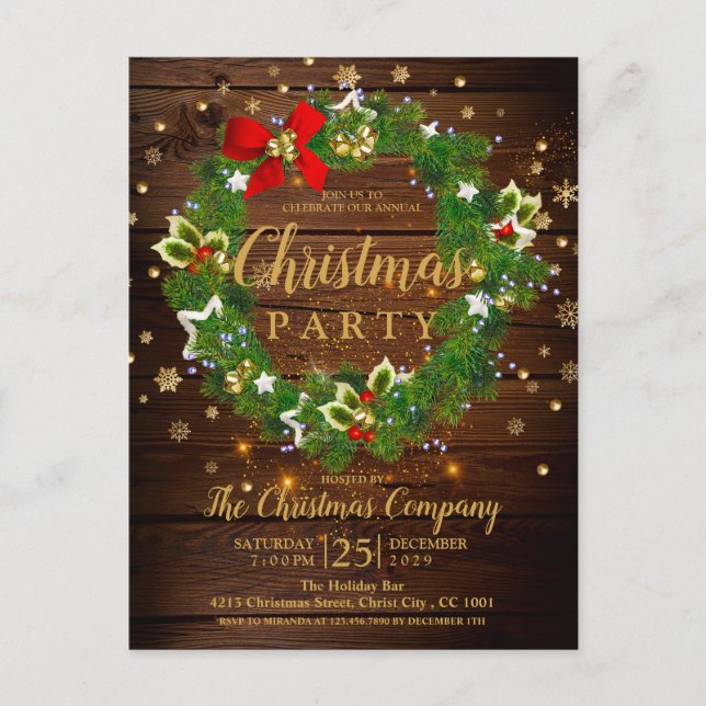 Rustic Fir Branches Wreath Christmas Party Invitation Postcard (Front)