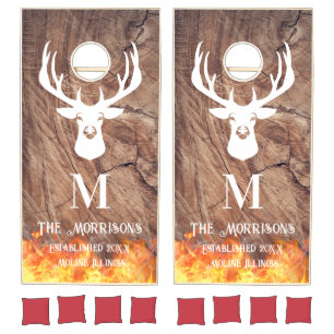 Rustic Fire Deer Wood Family Monogram Cornhole Set