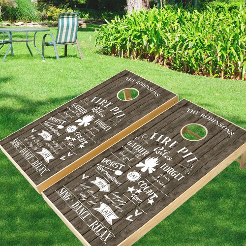 Rustic Fire Pit Rules Brown Wood Personalized Cornhole Set