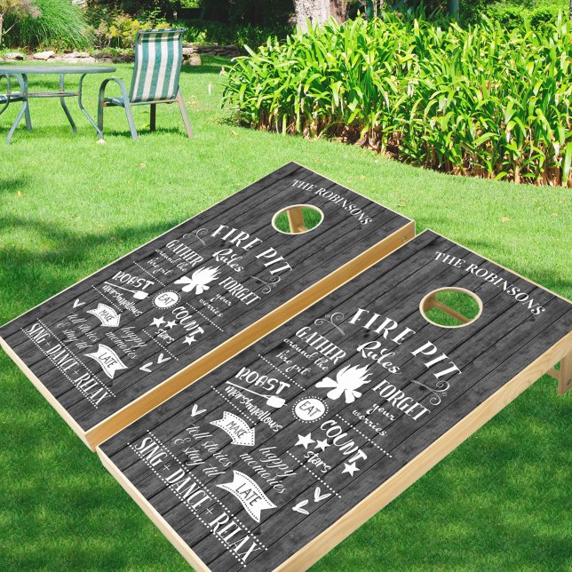 Rustic Fire Pit Rules Grey Wood Personalized Cornhole Set (Creator Uploaded)