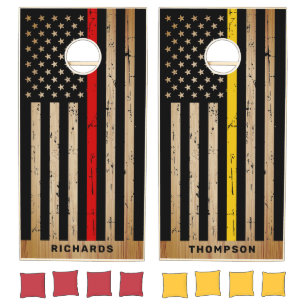 Rustic Firefighter Dispatcher Thin Red & Gold Line Cornhole Set