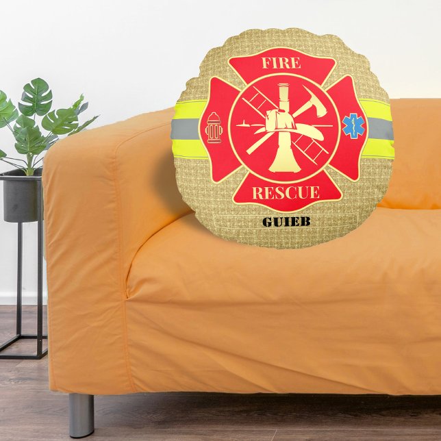 Rustic Firefighter Maltese Cross Bunker Gear Art Round Pillow (Firefighter Fire Rescue Bunker Turnout Gear Custom Round Pillow)