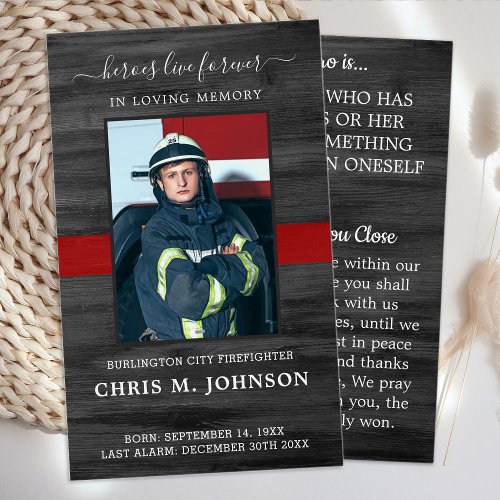 Rustic Firefighter Memorial Prayer Card