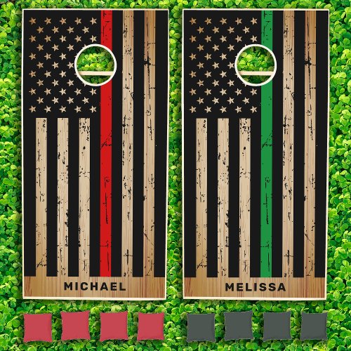 Rustic Firefighter Military Thin Red Green Flag Cornhole Set