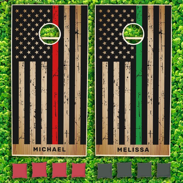 Rustic Firefighter Military Thin Red Green Flag Cornhole Set (Creator Uploaded)