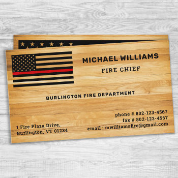 Rustic Firefighter Thin Red Line America Flag Wood Business Card by BlackDogArtJudy at Zazzle