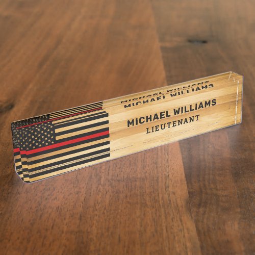 Rustic Firefighter Thin Red Line America Flag Wood Desk Name Plate