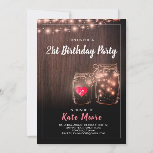Rustic Firefly In Mason Jar And String Lights Invitation