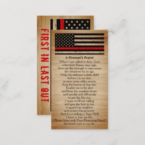 Rustic Firemans Prayer Bulk Thin Red Line Business Card