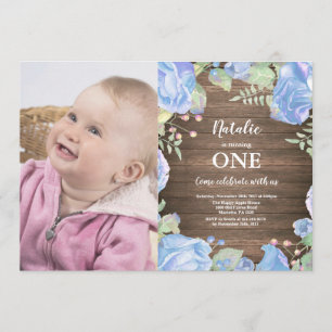 Rustic First 1st Birthday Invitation Blue Floral