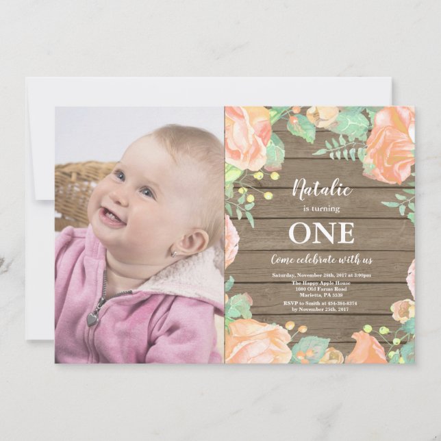 Rustic First 1st Birthday Invitation Peach Floral (Front)