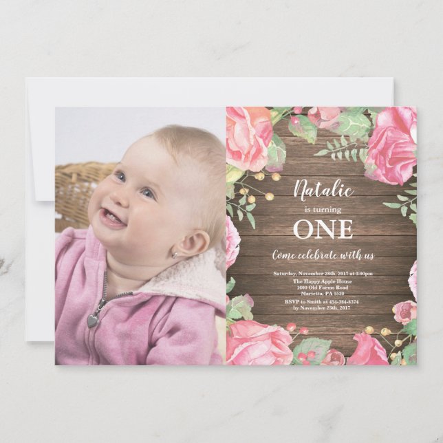 Rustic First 1st Birthday Invitation Pink Floral (Front)