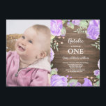 Rustic First 1st Birthday Invitation Purple Floral<br><div class="desc">Rustic First 1st Birthday Invitation with custom photo. Watercolor Botanical Purple Floral. Floral Pink Peonies Birthday Invitation for Girl. Watercolor Floral Flower. Elegant Pink Rose and Peony Flowers. Kids Birthday. Rustic Wood Background. Black and White. 13th 15th 16th 18th 20th 21st 30th 40th 50th 60th 70th 80th 90th 100th, Any...</div>