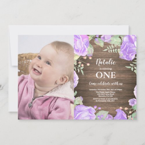 Rustic First 1st Birthday Invitation Purple Floral