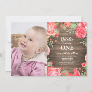 Rustic First 1st Birthday Invitation Red Floral