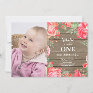 Rustic First 1st Birthday Invitation Red Floral