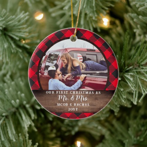 Rustic First Christmas as Mr  Mrs PHOTO Ceramic Ornament