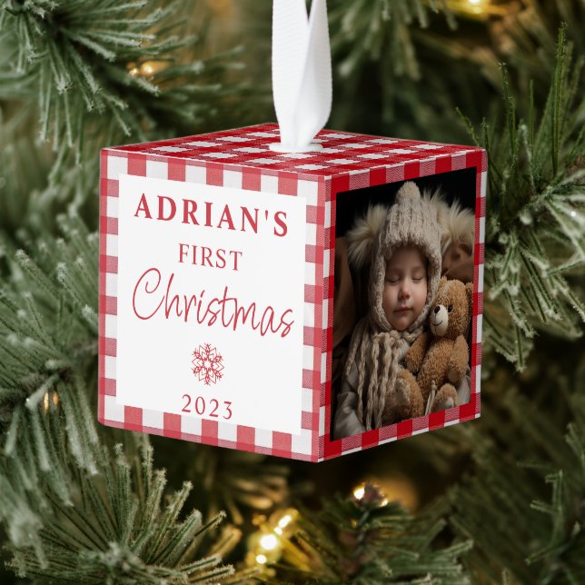 Rustic First Christmas Baby Keepsake Cube Ornament (Tree)