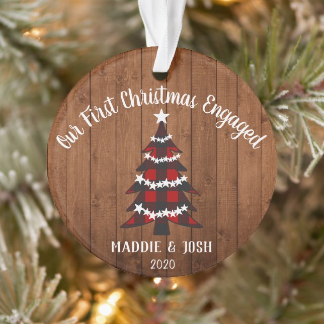 Rustic First Christmas Engaged Photo & Plaid Ornament (Tree)