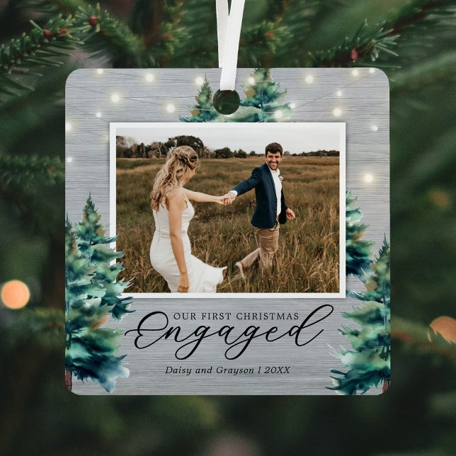 Rustic First Christmas Engaged Pine Tree Metal Ornament (Creator Uploaded)