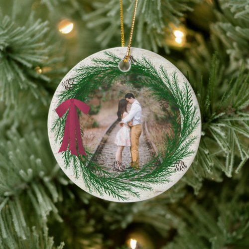 Rustic First Christmas Engaged Two Photo Christmas Ceramic Ornament