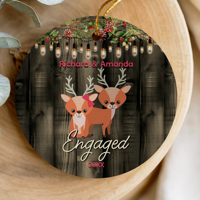 Rustic first Christmas engagement cute foxes Ceramic Ornament (Creator Uploaded)
