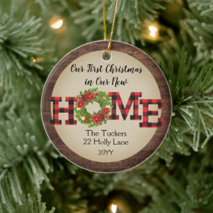 Rustic First Christmas Home Wreath Plaid Photo Ceramic Ornament