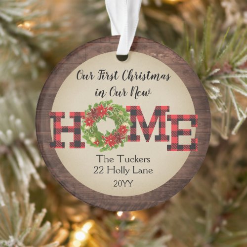 Rustic First Christmas Home Wreath Plaid Photo Ornament