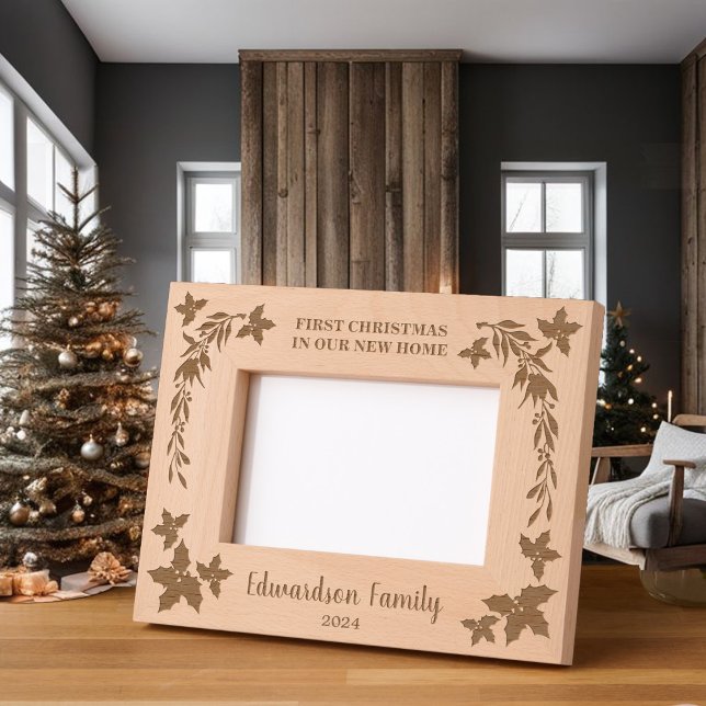 Rustic First Christmas in our new home monogrammed Engraved Frames (Rustic First Christmas in our new home monogrammed Etched Frame. You can personalize it.)