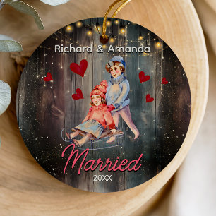 Rustic first Christmas married cute couple Ceramic Ornament