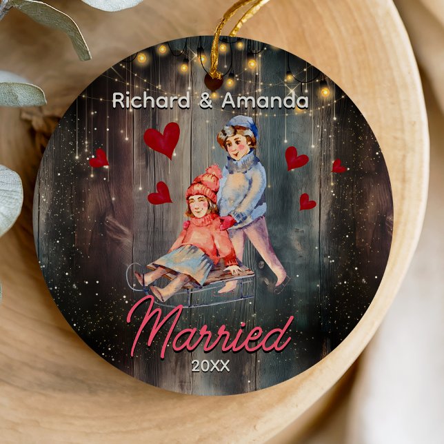 Rustic first Christmas married cute couple Ceramic Ornament (Creator Uploaded)