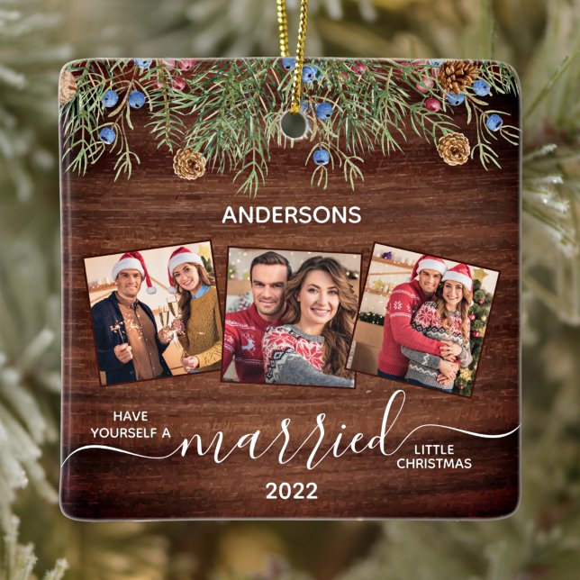 Rustic First Christmas Married Newlyweds 3 Photo Ceramic Ornament (Creator Uploaded)