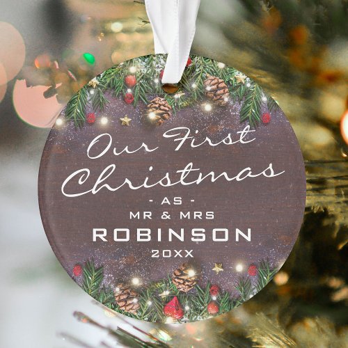 Rustic First Christmas Mr  Mrs Newlyweds Ornament