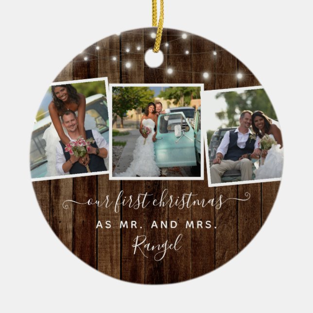 Rustic First Christmas Mr Mrs Photo Collage Lights Ceramic Ornament (Front)