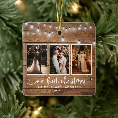 Rustic First Christmas Mr Mrs Photo Collage Lights Ceramic Ornament