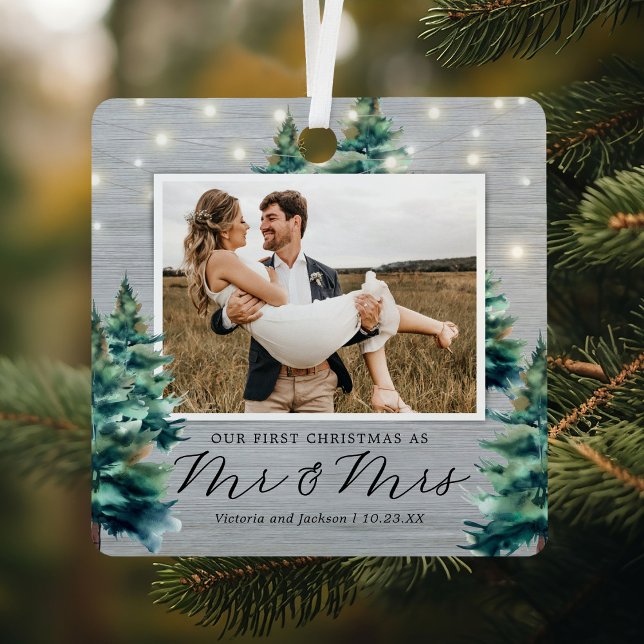 Rustic First Christmas Mr & Mrs Pine Tree Metal Ornament (Creator Uploaded)