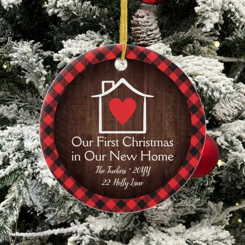 Rustic First Christmas New Home Heart Plaid Ceramic Ornament