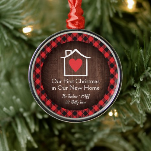 Rustic First Christmas New Home Heart Plaid Metal Ornament