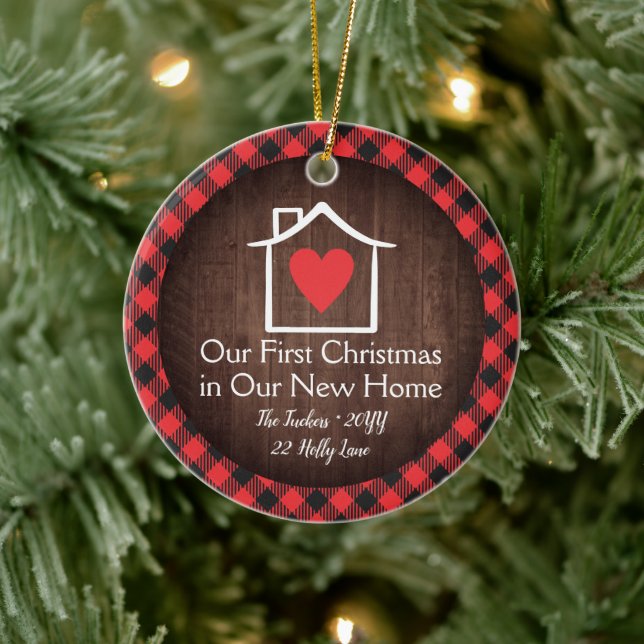 Rustic First Christmas New Home Heart Plaid Photo Ceramic Ornament (Tree)